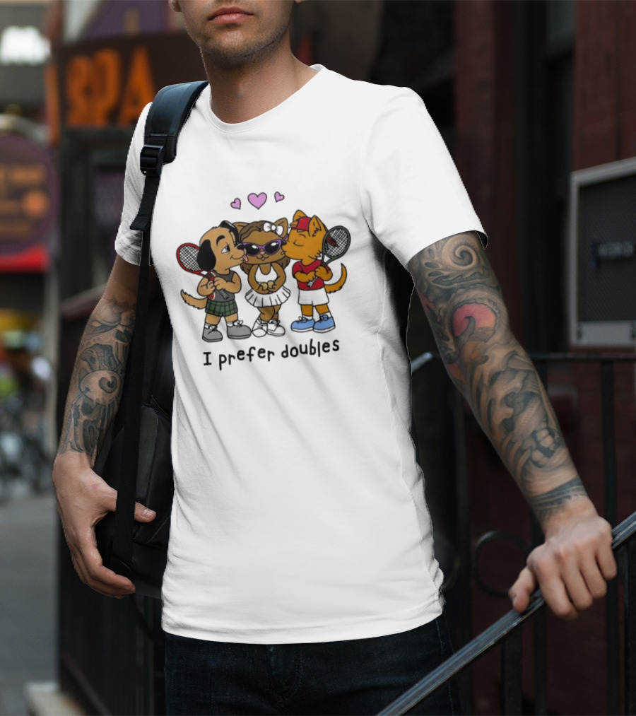 I Prefer Doubles Cute Animals With Tennis Rackets And Hearts T-Shirt