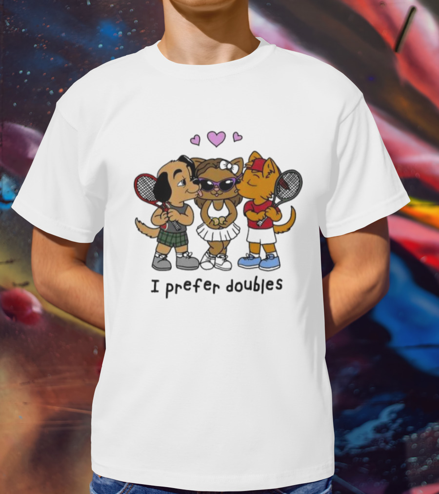 I Prefer Doubles Cute Animals With Tennis Rackets And Hearts T-Shirt