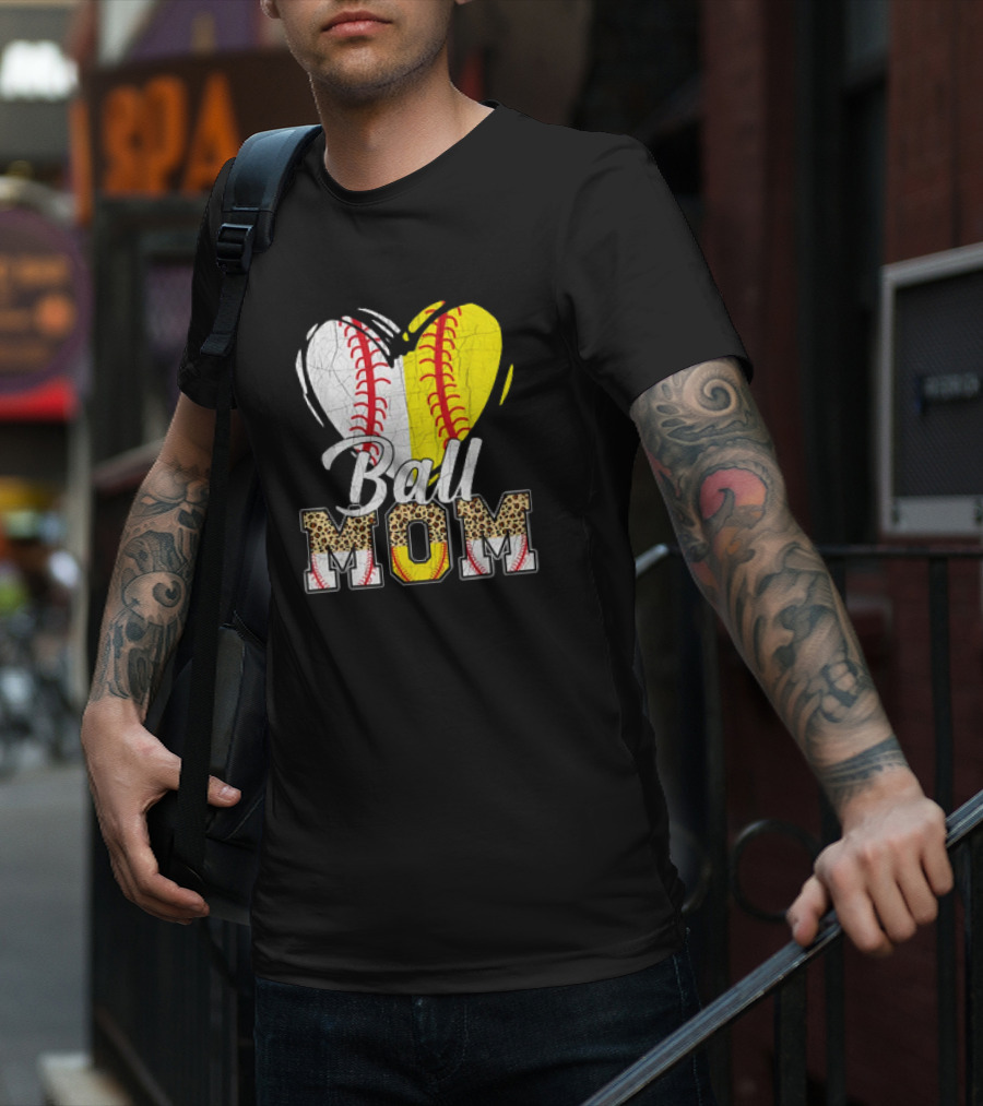 Ball Mom Heart Leopard Baseball Softball Vintage Women T-Shirt