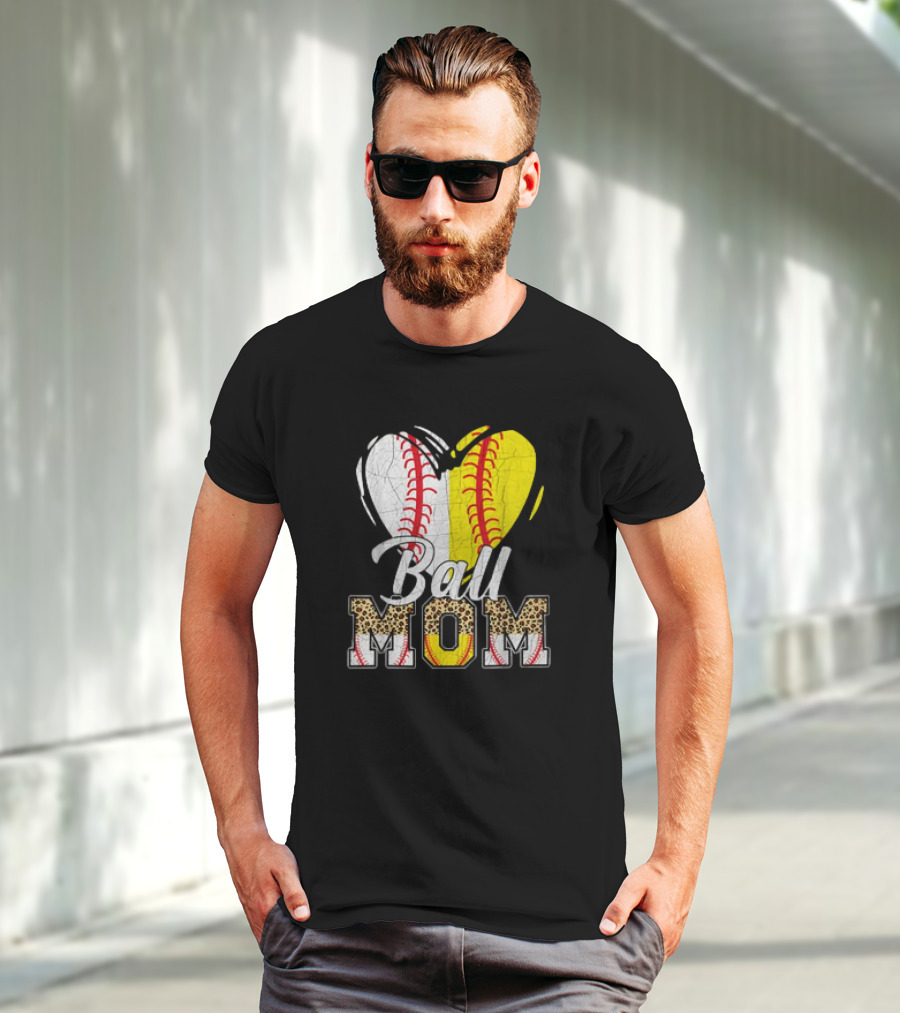 Ball Mom Heart Leopard Baseball Softball Vintage Women T-Shirt