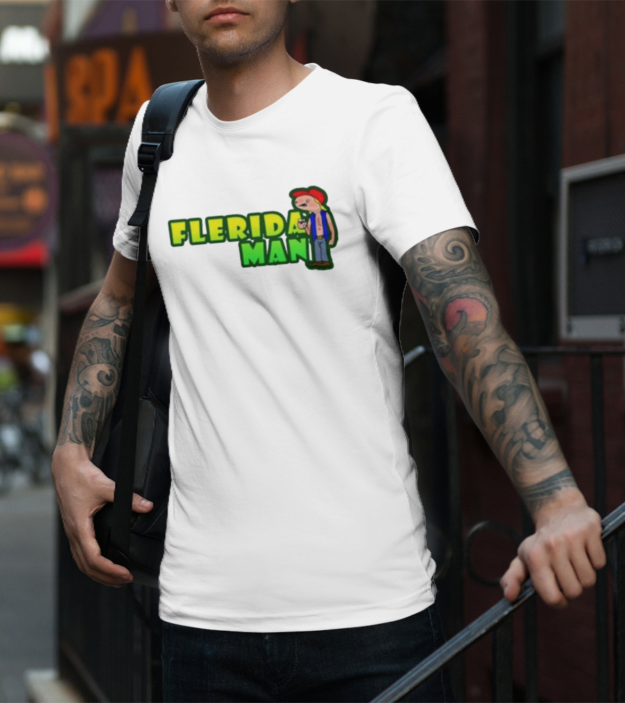 Flerida Man Beer Drinking Cartoon Character With Red Cap And Green Letters T-Shirt