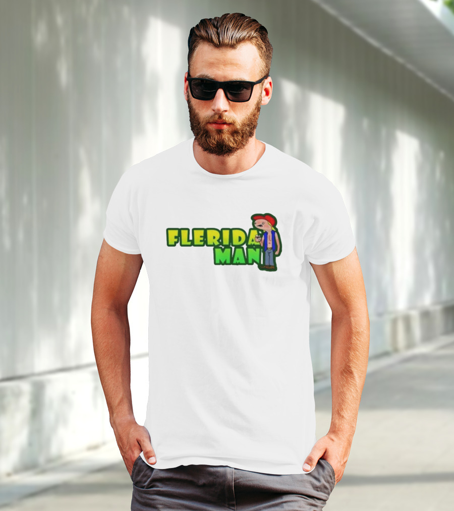 Flerida Man Beer Drinking Cartoon Character With Red Cap And Green Letters T-Shirt