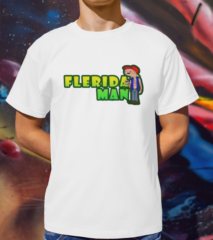 Flerida Man Beer Drinking Cartoon Character With Red Cap And Green Letters T-Shirt