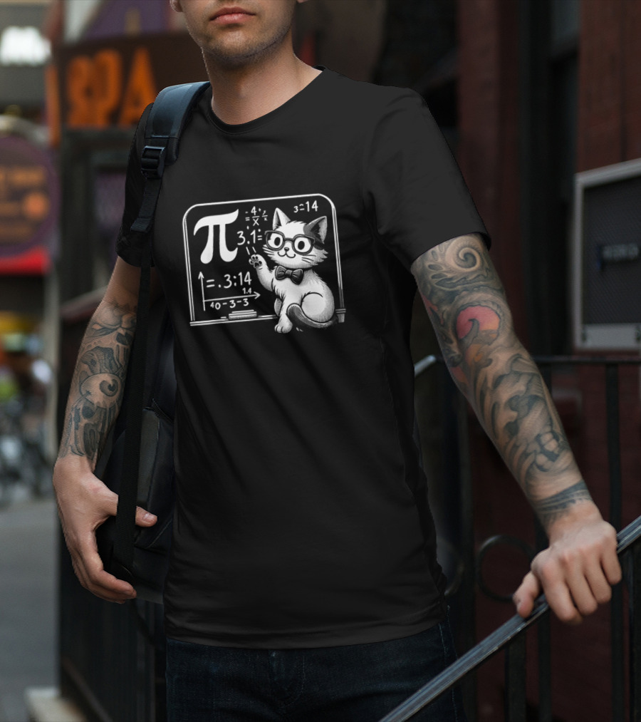 Pi 3.14 Cat With Glasses And Chalkboard Equations T-Shirt