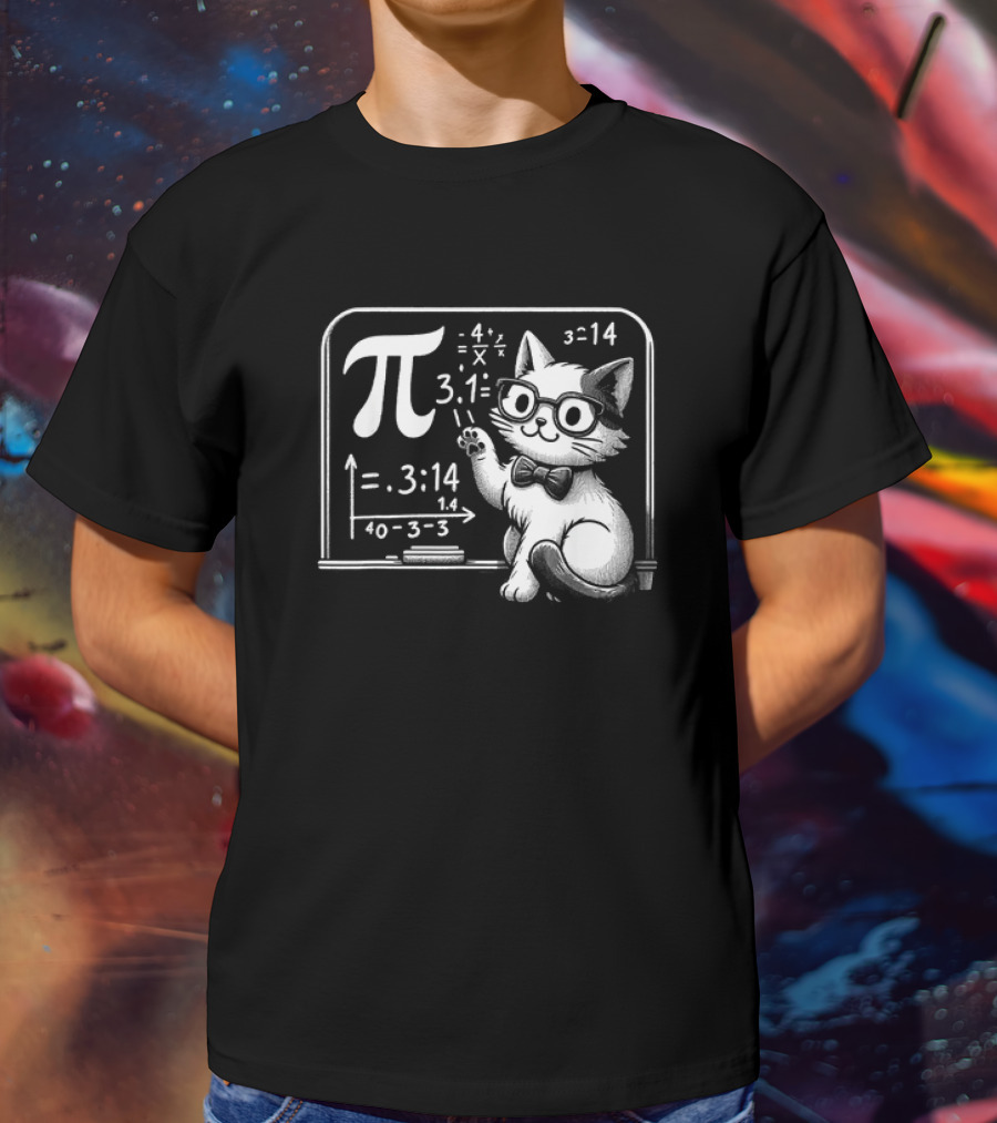 Pi 3.14 Cat With Glasses And Chalkboard Equations T-Shirt