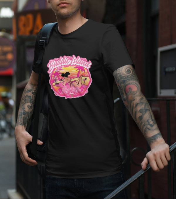 Baddie Island Summer Scene With Palm Trees And Cocktail Imagery - Baddie Budz Vibe T-Shirt