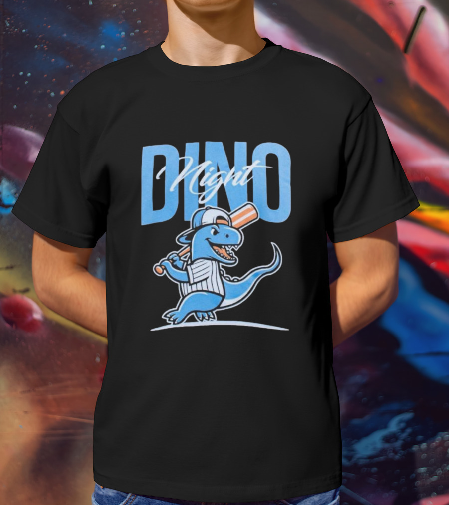 Dino Night Baseball Player Dinosaur In Cap With Bat T-Shirt