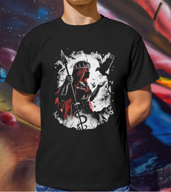 Goddess Of Fate And War With Spear And Raven T-Shirt