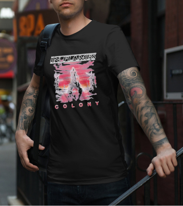 In Flames Colony Silhouette And Abstract Pink Brushstrokes T-Shirt
