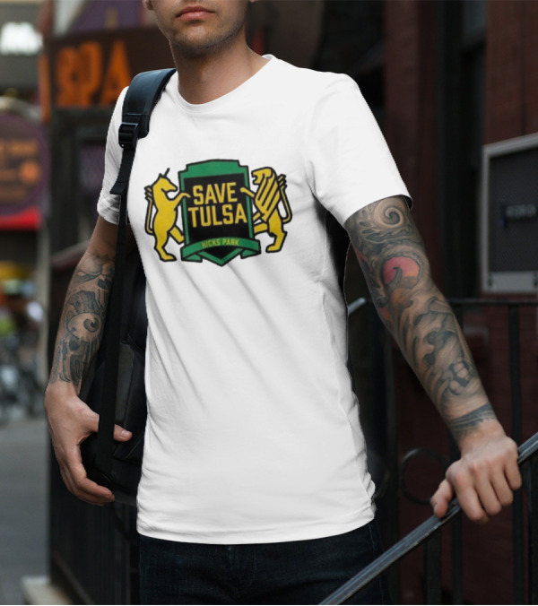 Save Tulsa Kicks Park Yellow Lion And Griffin Shield T-Shirt