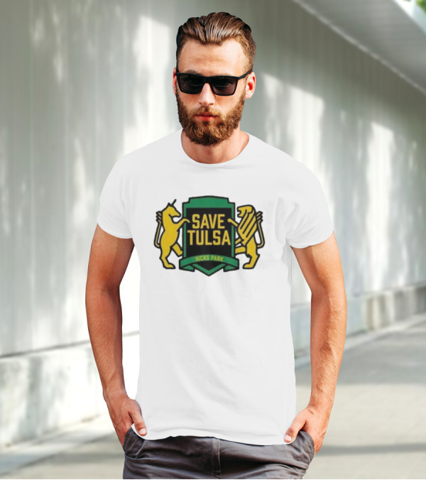Save Tulsa Kicks Park Yellow Lion And Griffin Shield T-Shirt