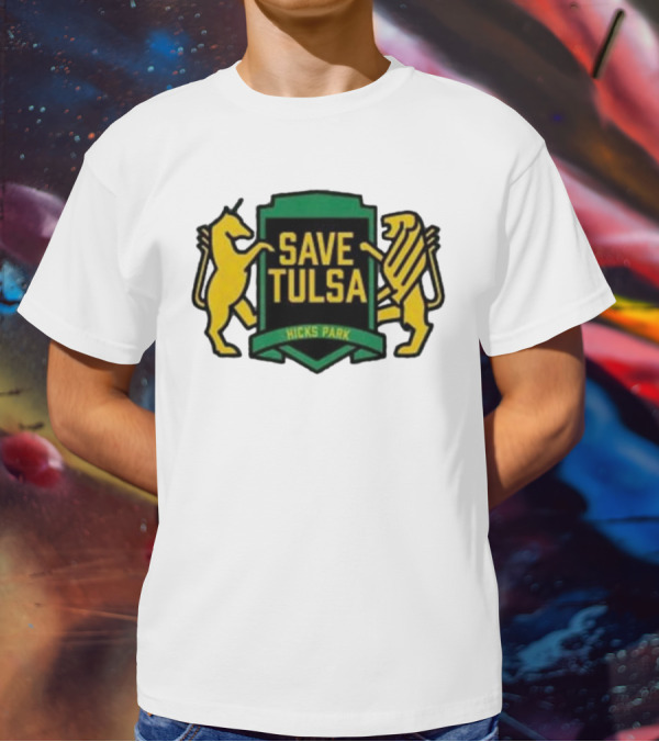 Save Tulsa Kicks Park Yellow Lion And Griffin Shield T-Shirt