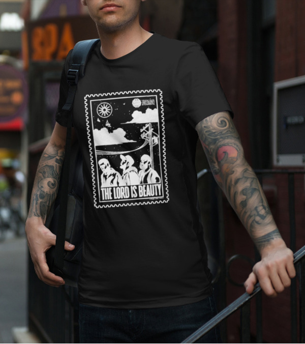 The Lord Is Beauty Three Figures Under Night Sky Clouds Birds Sun And Powerlines T-Shirt