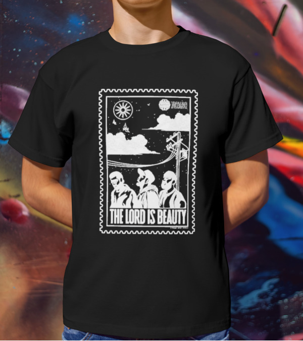The Lord Is Beauty Three Figures Under Night Sky Clouds Birds Sun And Powerlines T-Shirt