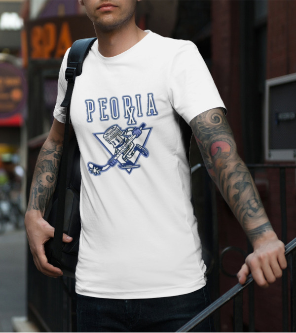 Peoria Hockey Mascot Penicillin Character With Syringe And Hockey Stick T-Shirt