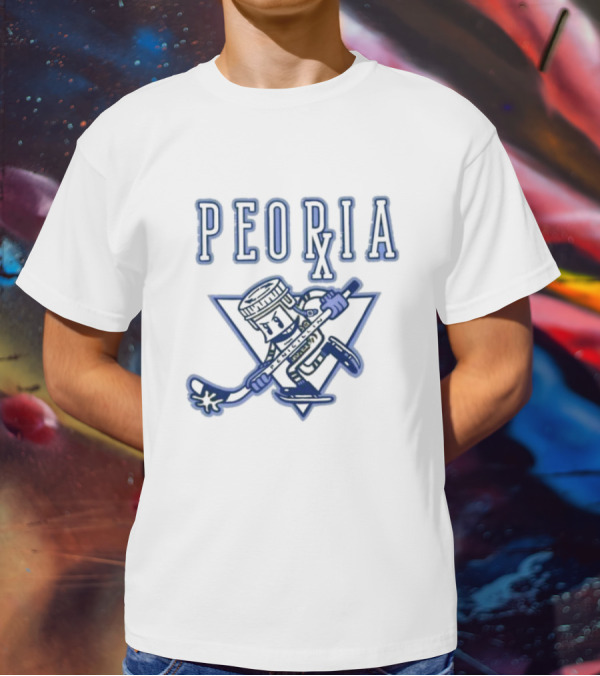 Peoria Hockey Mascot Penicillin Character With Syringe And Hockey Stick T-Shirt