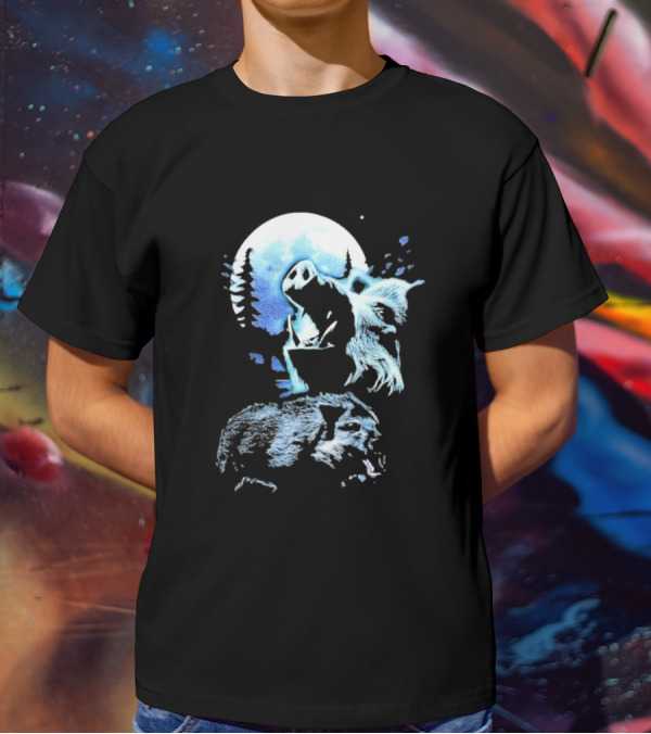 Wild Boar Howling At The Moon Men’s Forest Night Scene T-Shirt