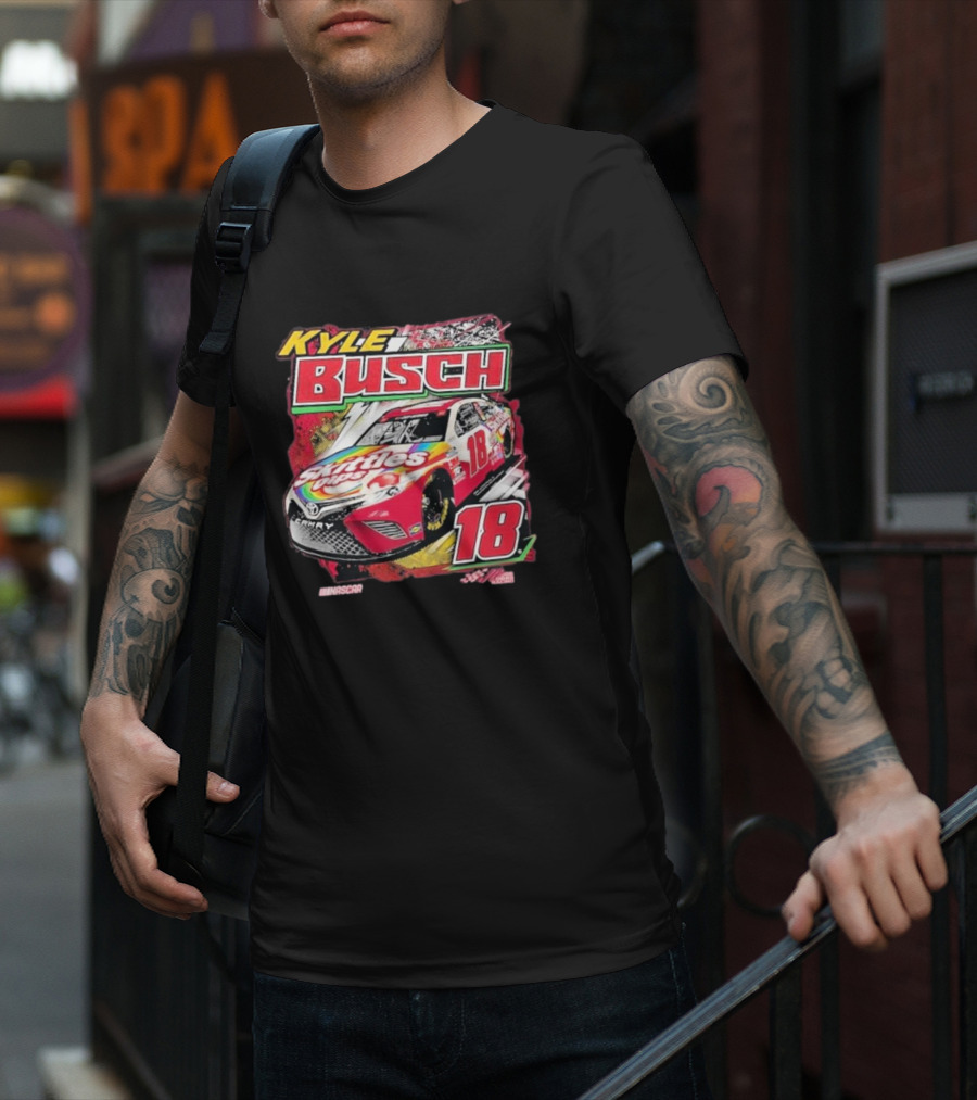 Kyle Busch Joe Gibbs NASCAR Skittles Pops 18 Racing Team Collection Backstretch Driver T-Shirt