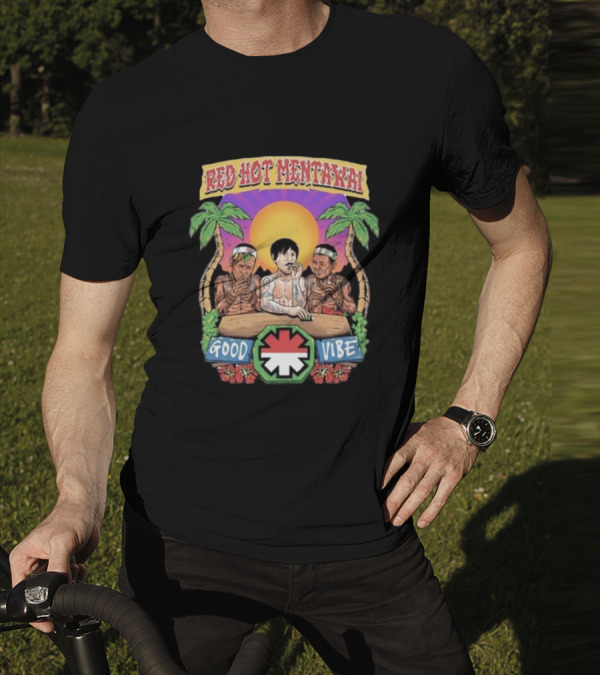 Red Hot Mentawai Good Vibe Sunset Island Scene With Palm Trees And Tattooed Trio T-Shirt