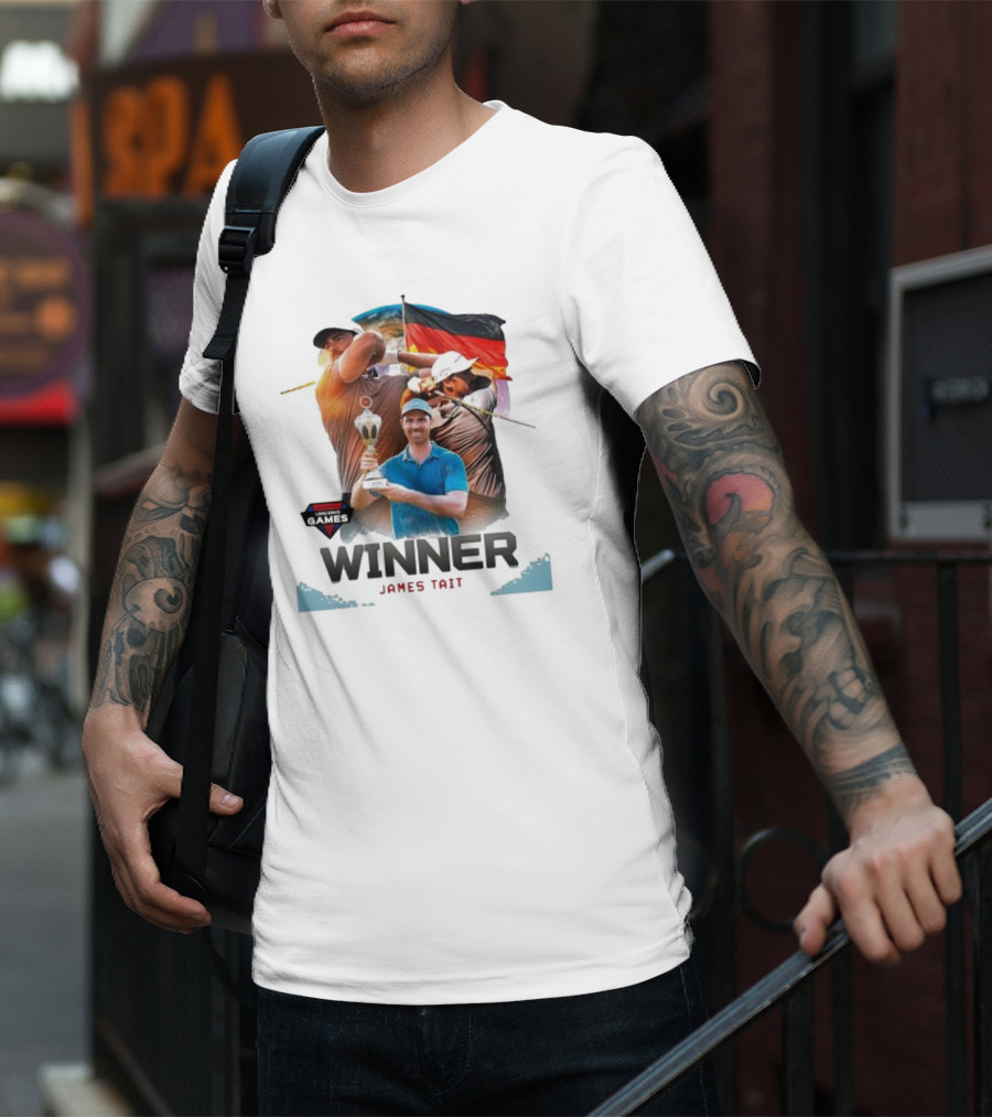 Long Drive Games Winner James Tait With Trophy And German Flag Background T-Shirt