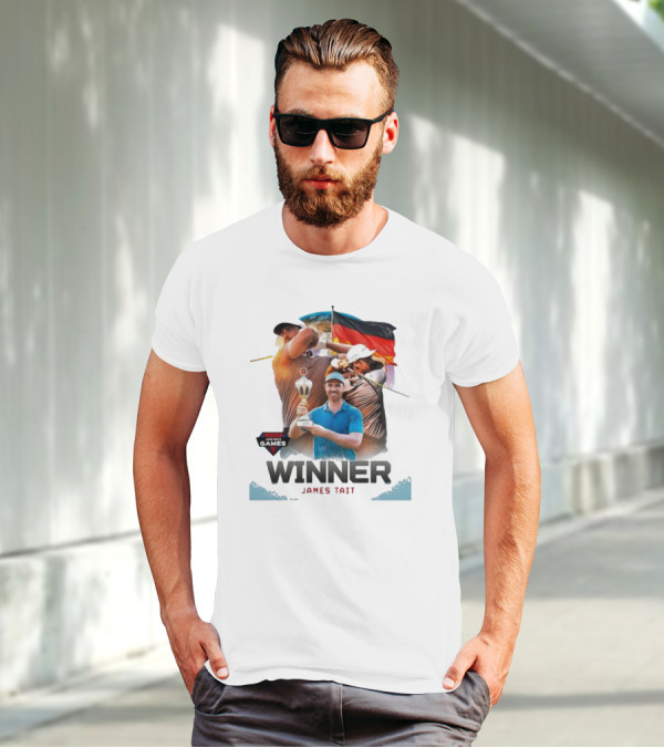 Long Drive Games Winner James Tait With Trophy And German Flag Background T-Shirt