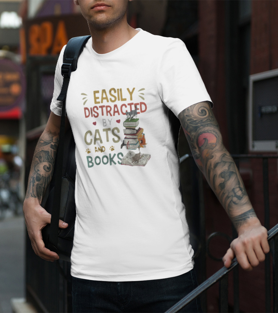 Easily Distracted By Cats And Books Stack Cats 365 Book Lover T-Shirt