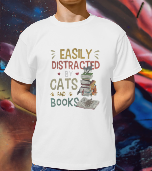 Easily Distracted By Cats And Books Stack Cats 365 Book Lover T-Shirt