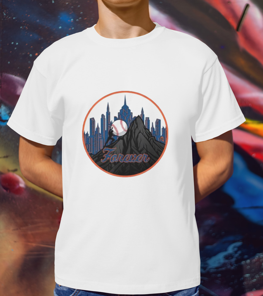 New York Met Fan Forever Skyline Baseball Statue T-Shirt