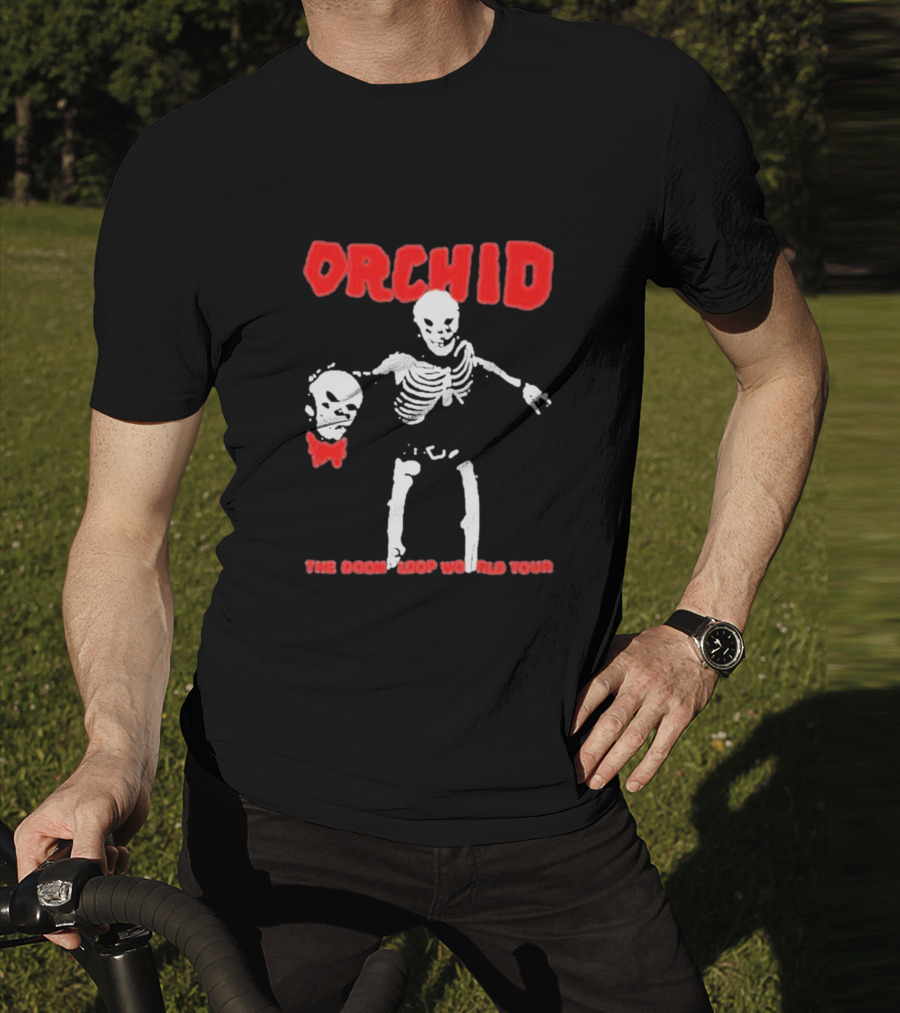 Orchid Skeleton Holding Skull The Doom Loop World Tour T-Shirt