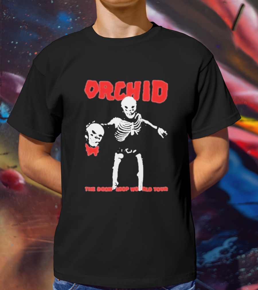 Orchid Skeleton Holding Skull The Doom Loop World Tour T-Shirt