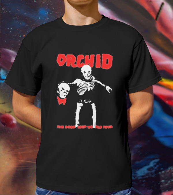 Orchid Skeleton Holding Skull The Doom Loop World Tour T-Shirt