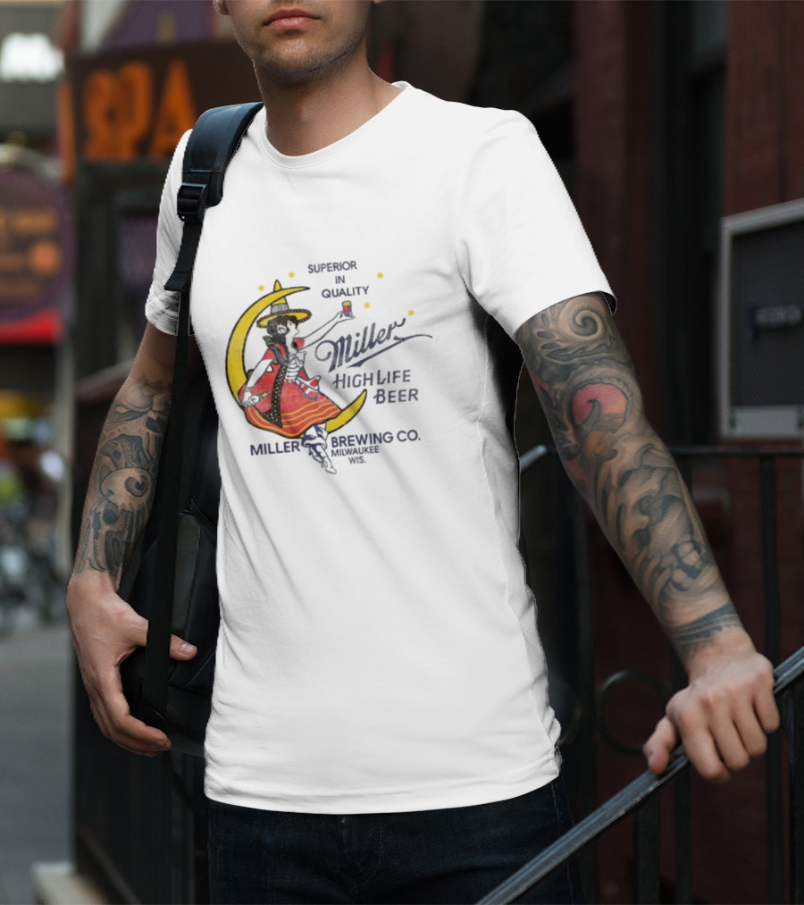 Superior Quality Miller High Life Beer Moon Lady Milwaukee Brewing Co T-Shirt