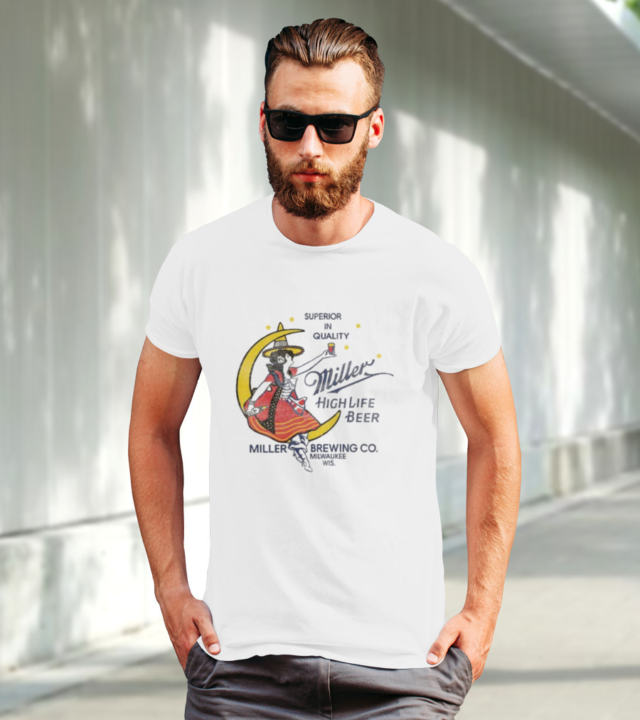 Superior Quality Miller High Life Beer Moon Lady Milwaukee Brewing Co T-Shirt