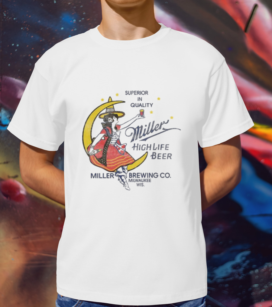 Superior Quality Miller High Life Beer Moon Lady Milwaukee Brewing Co T-Shirt