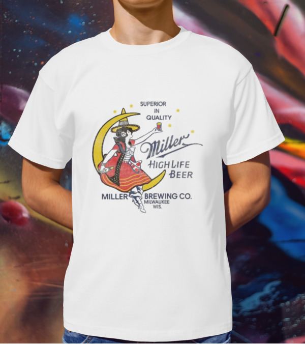 Superior Quality Miller High Life Beer Moon Lady Milwaukee Brewing Co T-Shirt
