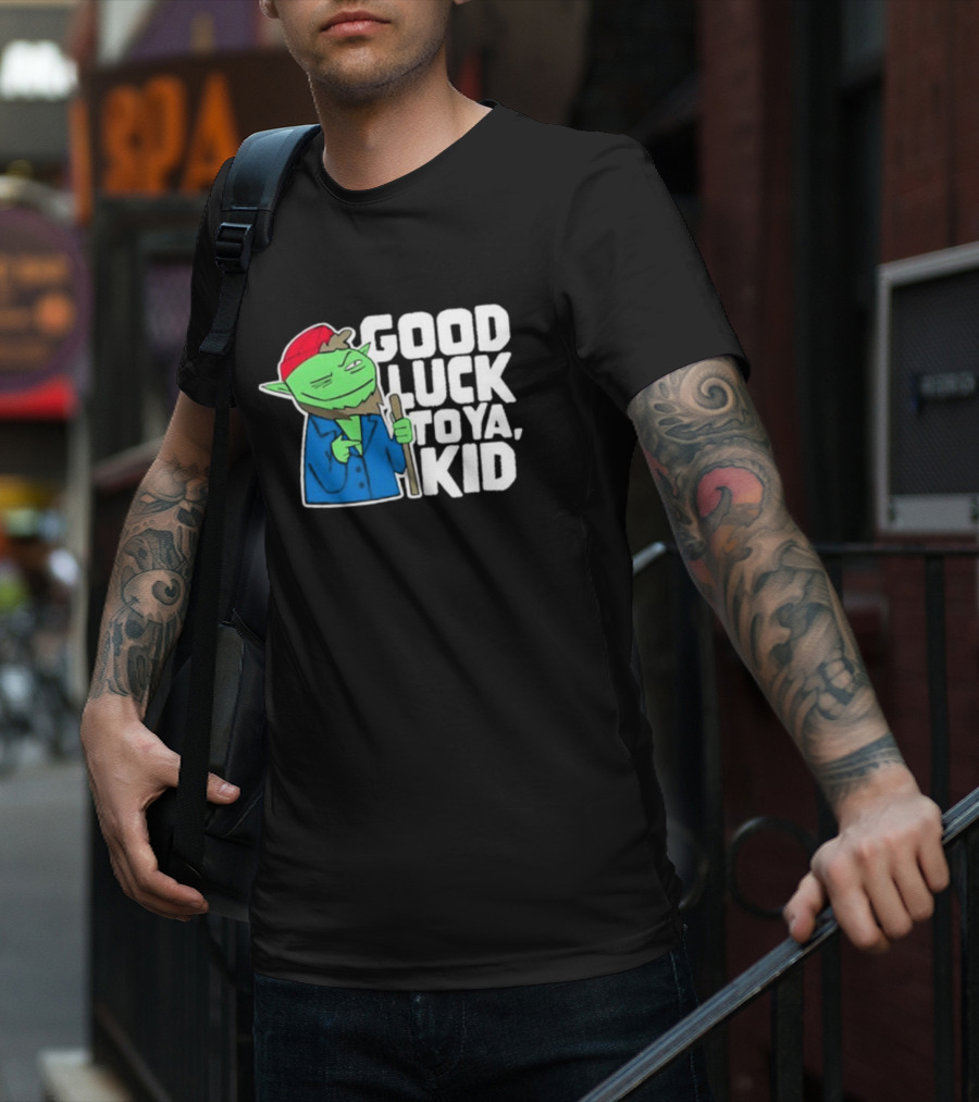 Good Luck To Ya Kid Green Character With Red Hat And Stick T-Shirt