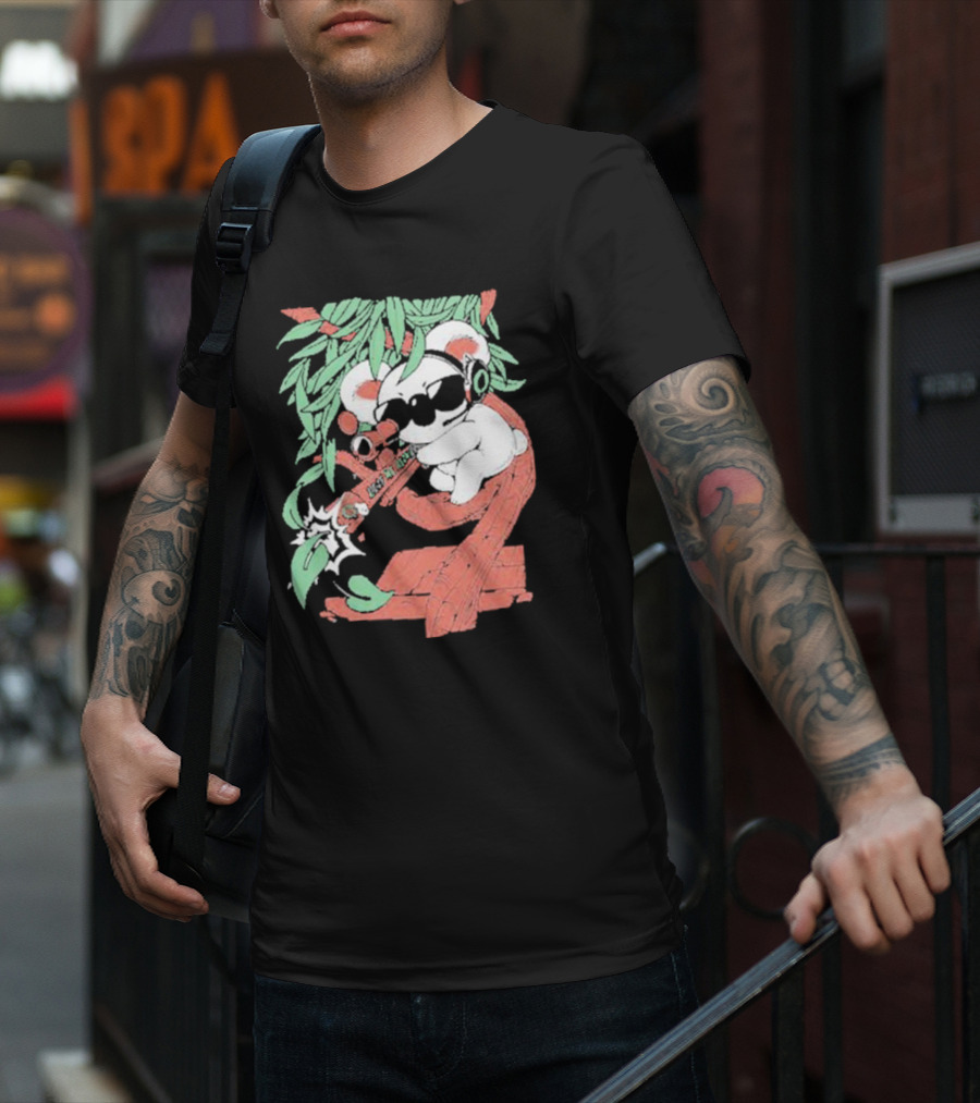 Flyquest Leaf Me Alone Koala Sniper On Tree Branch With Sunglasses And Headphones T-Shirt