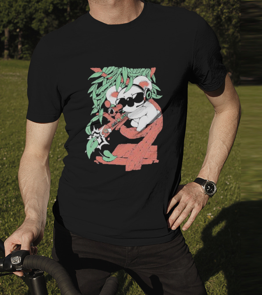 Flyquest Leaf Me Alone Koala Sniper On Tree Branch With Sunglasses And Headphones T-Shirt