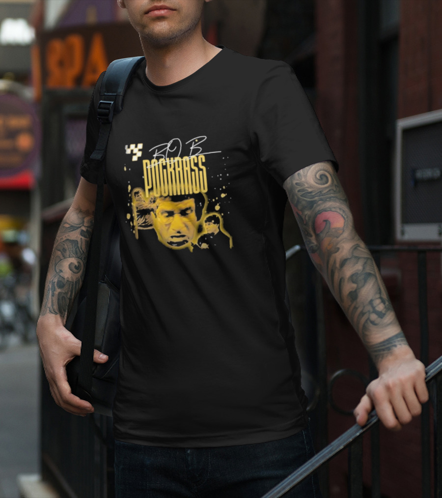 BOB POCKRASS Racing Icon Yellow Portrait Checkerboard Background T-Shirt