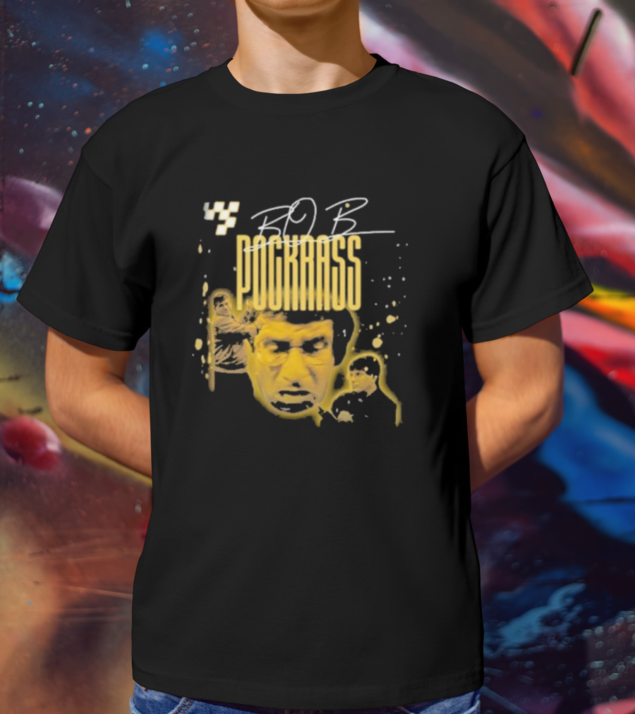 BOB POCKRASS Racing Icon Yellow Portrait Checkerboard Background T-Shirt