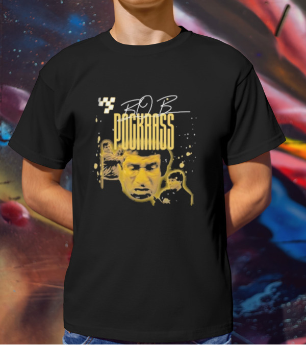 BOB POCKRASS Racing Icon Yellow Portrait Checkerboard Background T-Shirt