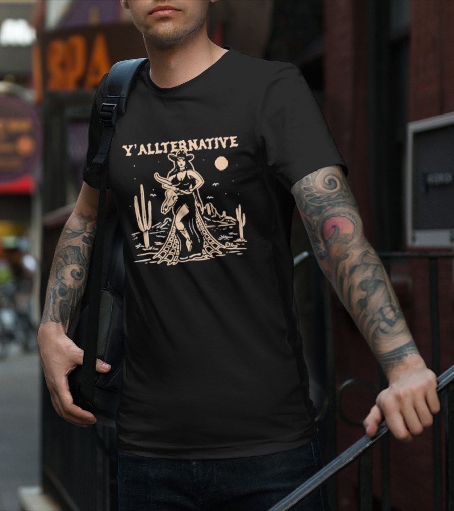 Y'allternative Cowgirl Desert Night Scene With Cacti And Mountains T-Shirt
