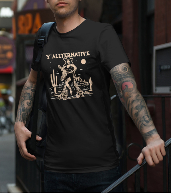 Y'allternative Cowgirl Desert Night Scene With Cacti And Mountains T-Shirt