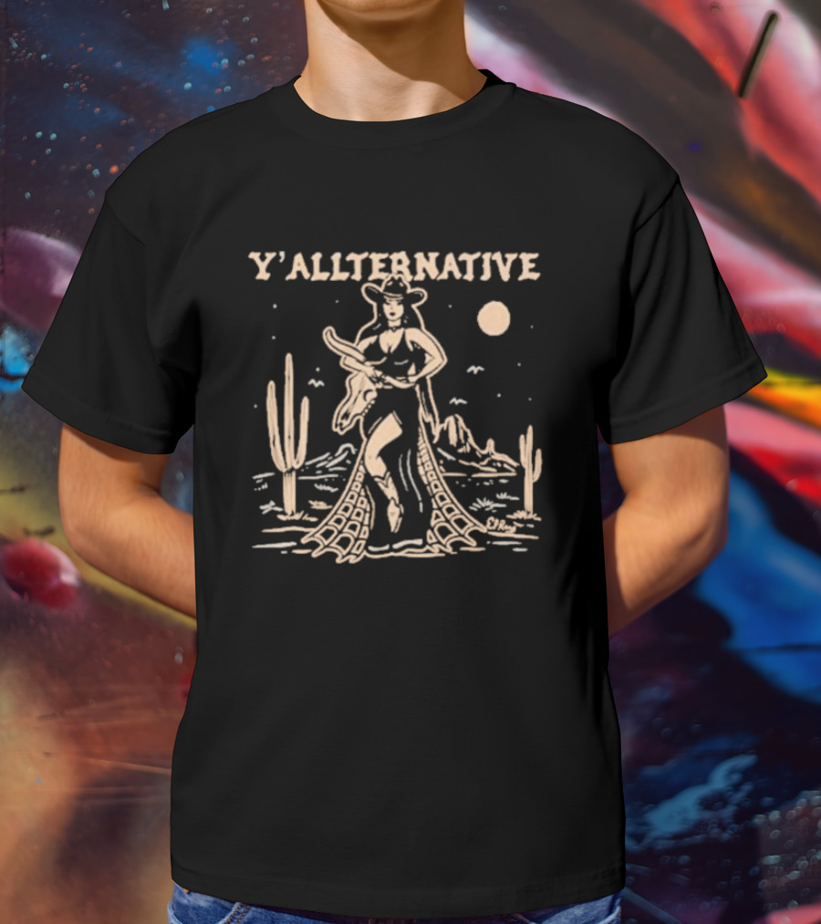 Y'allternative Cowgirl Desert Night Scene With Cacti And Mountains T-Shirt