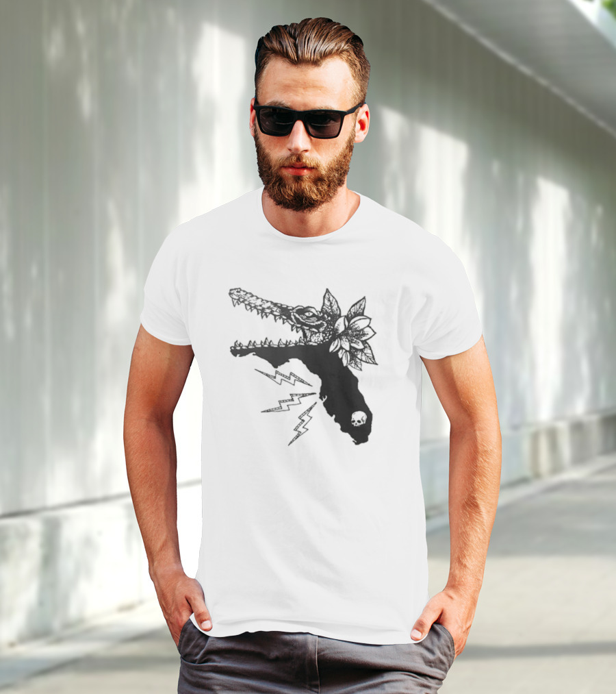 Florida Will Eat You - Alligator Skull Lightning Magnolia Map T-Shirt