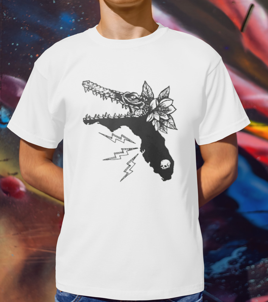 Florida Will Eat You - Alligator Skull Lightning Magnolia Map T-Shirt