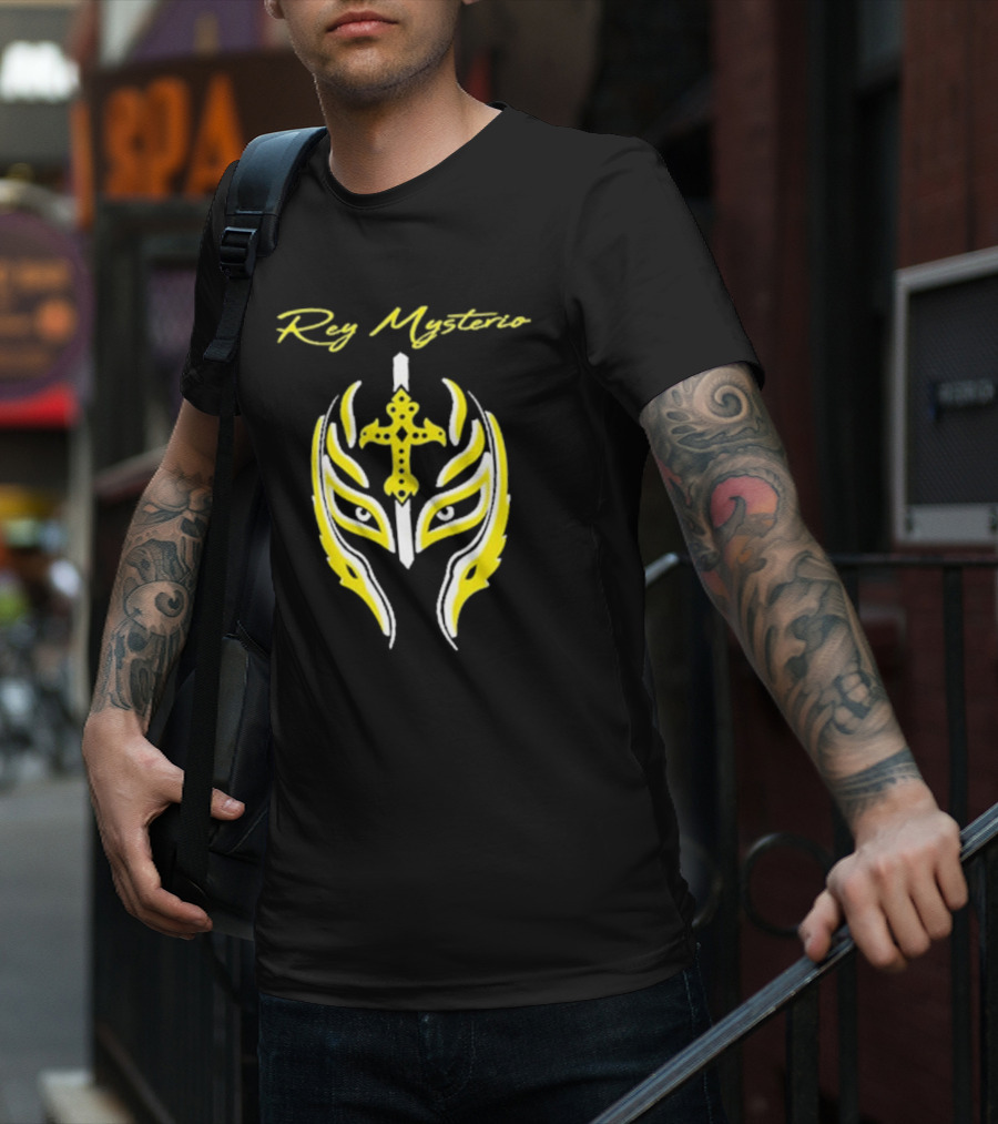 Rey Mysterio Cross Mask Icon With Yellow And White Accents T-Shirt