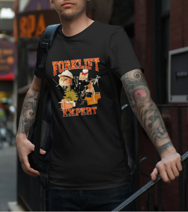 Forklift Expert Cat Hard Hat Red Button Plant Box Image T-Shirt