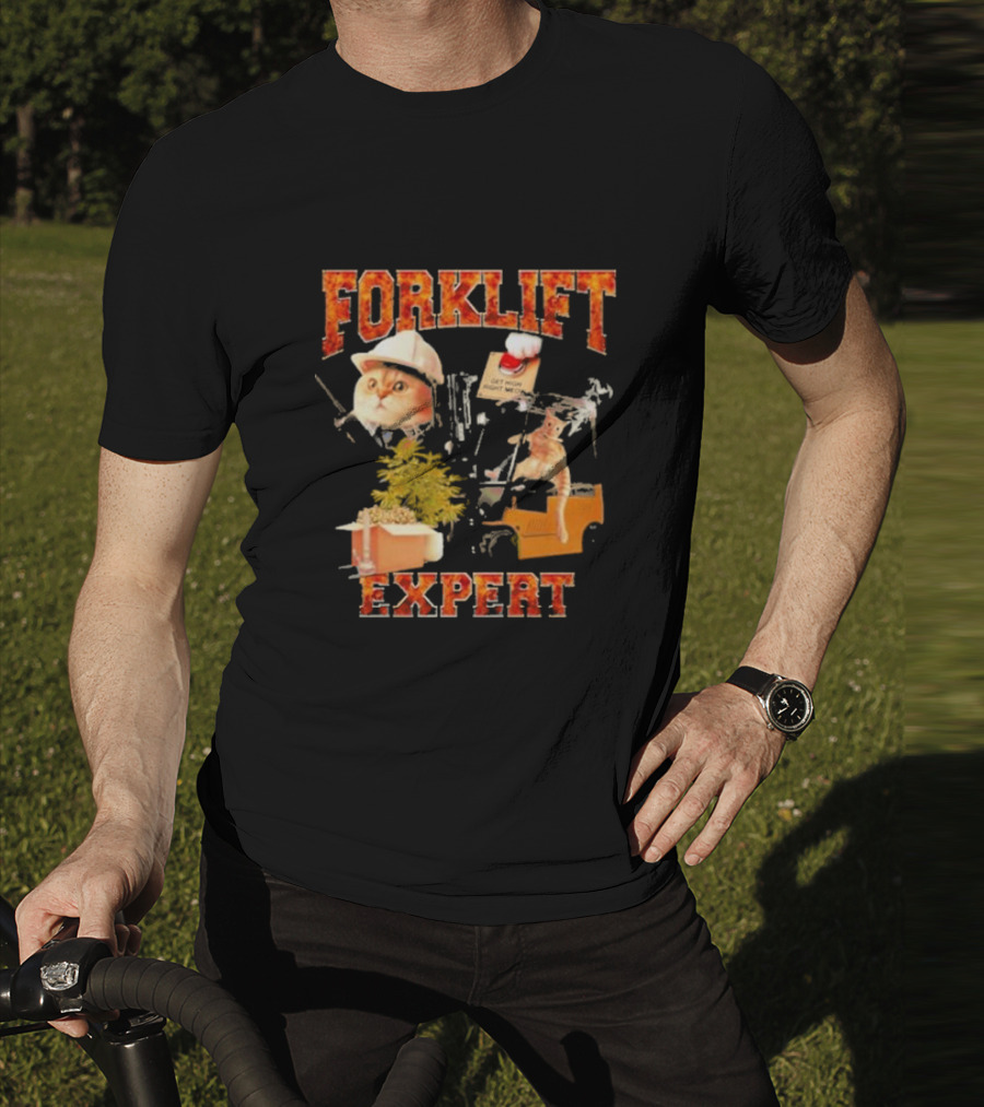 Forklift Expert Cat Hard Hat Red Button Plant Box Image T-Shirt