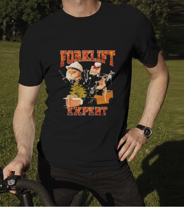 Forklift Expert Cat Hard Hat Red Button Plant Box Image T-Shirt